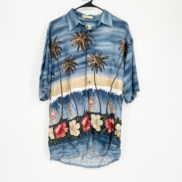 Campia Moda 100% Rayon Beach Girl Hibiscus Hawaiian Button Down Shirt Size M - Picture 1 of 7
